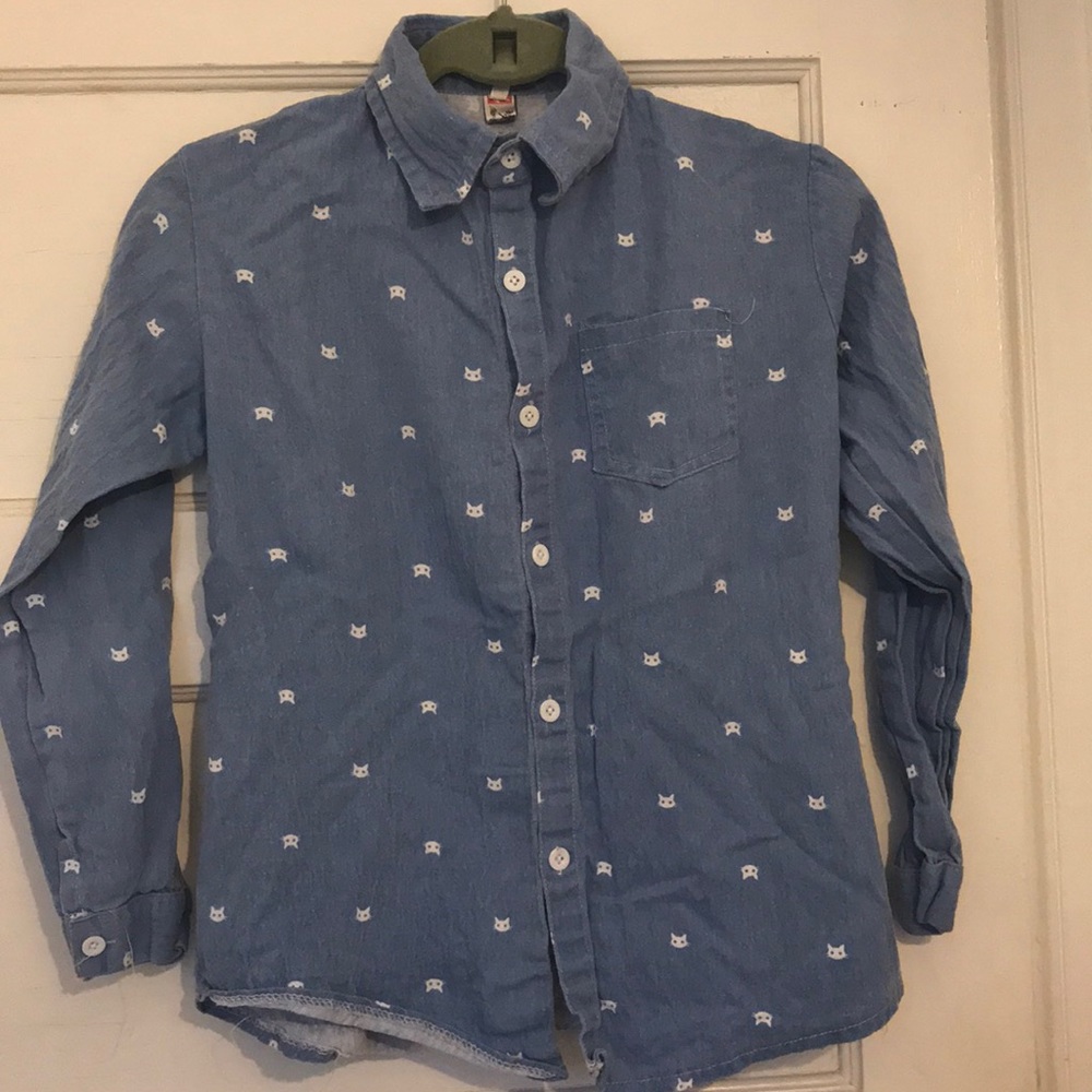Blue Long sleeve Collared 🐱 Printed shirt